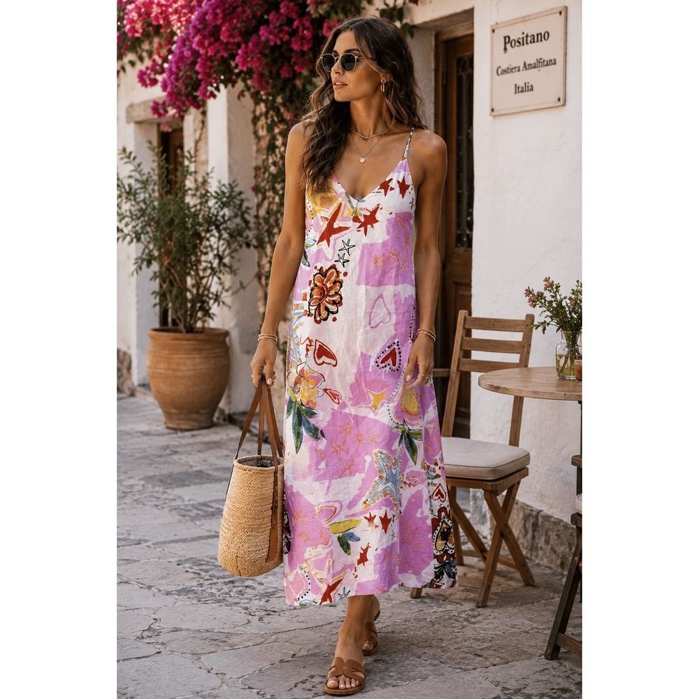 Moda Line Park Womens Colorful Spaghetti Strap Midi Dress Boho Vacation NWT Art